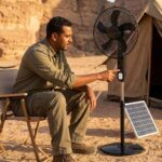 مروحة ستاند شحن شمسية متعددة السرعات مع لوح طاقة وريموت كنترول – Solar Rechargeable Stand Fan18