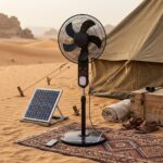 مروحة ستاند شحن شمسية متعددة السرعات مع لوح طاقة وريموت كنترول – Solar Rechargeable Stand Fan18