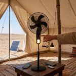 مروحة ستاند شحن شمسية متعددة السرعات مع لوح طاقة وريموت كنترول – Solar Rechargeable Stand Fan18