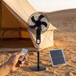 مروحة ستاند شحن شمسية متعددة السرعات مع لوح طاقة وريموت كنترول – Solar Rechargeable Stand Fan18