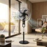 مروحة ستاند شحن شمسية متعددة السرعات مع لوح طاقة وريموت كنترول – Solar Rechargeable Stand Fan18
