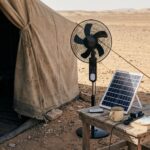 مروحة ستاند شحن شمسية متعددة السرعات مع لوح طاقة وريموت كنترول – Solar Rechargeable Stand Fan18