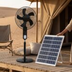 مروحة ستاند شحن شمسية متعددة السرعات مع لوح طاقة وريموت كنترول – Solar Rechargeable Stand Fan18